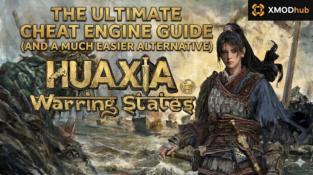 A blog banner for Huaxia: Warring States featuring a female warrior in traditional armor and a guide to game cheats with XMODhub branding.