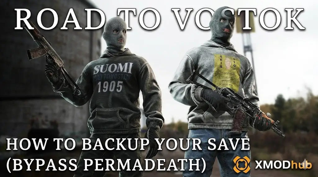 Two balaclava-clad characters from the game Road to Vostok, each holding an AK-style rifle against a ruined urban backdrop.