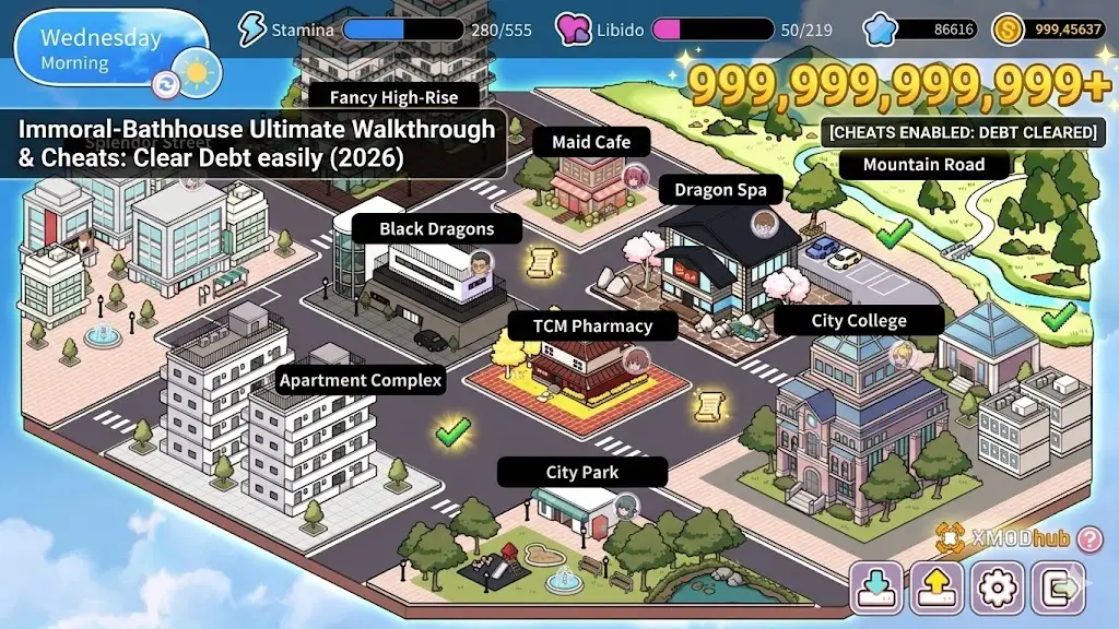 Isometric map from Immortal-Bathhouse with guide title for cheats and debt clearing.