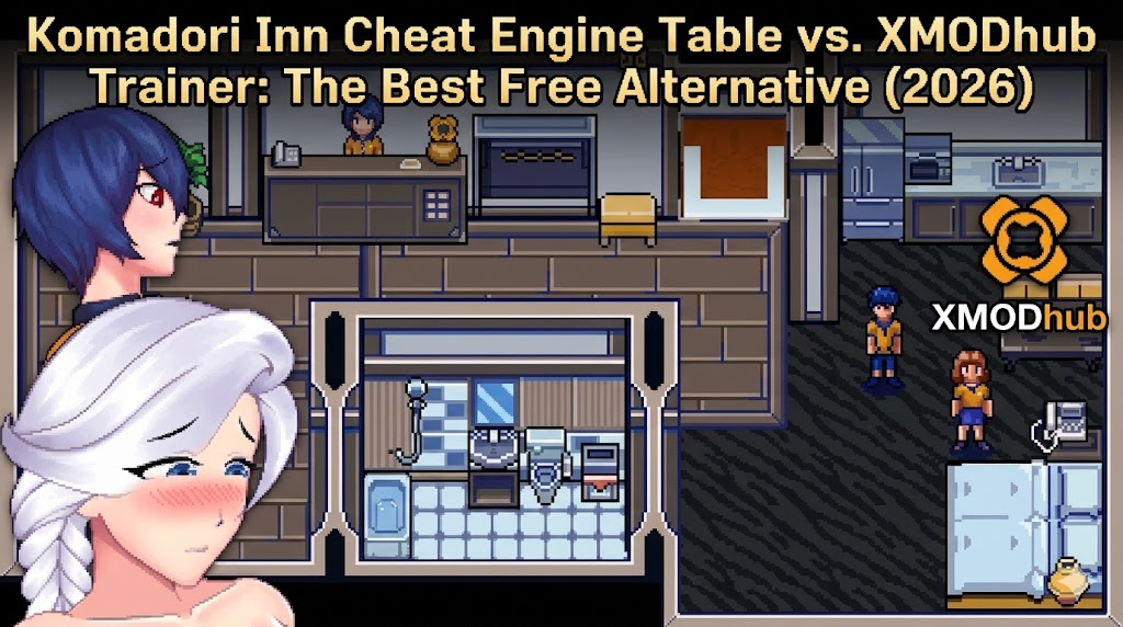 Заголовок блога для Komadori Inn с портретами персонажей в стиле аниме, пиксельным геймплеем интерьера гостиницы, логотипом XMODhub и текстом, сравнивающим таблицы Cheat Engine и трейнеры XMODhub.