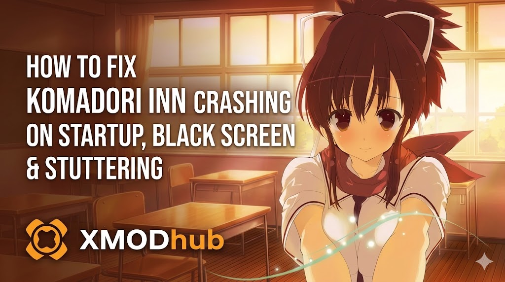 SEO blog header for a Komadori Inn technical guide featuring an anime girl in a sunlit classroom, including troubleshooting text and the XMODhub logo.