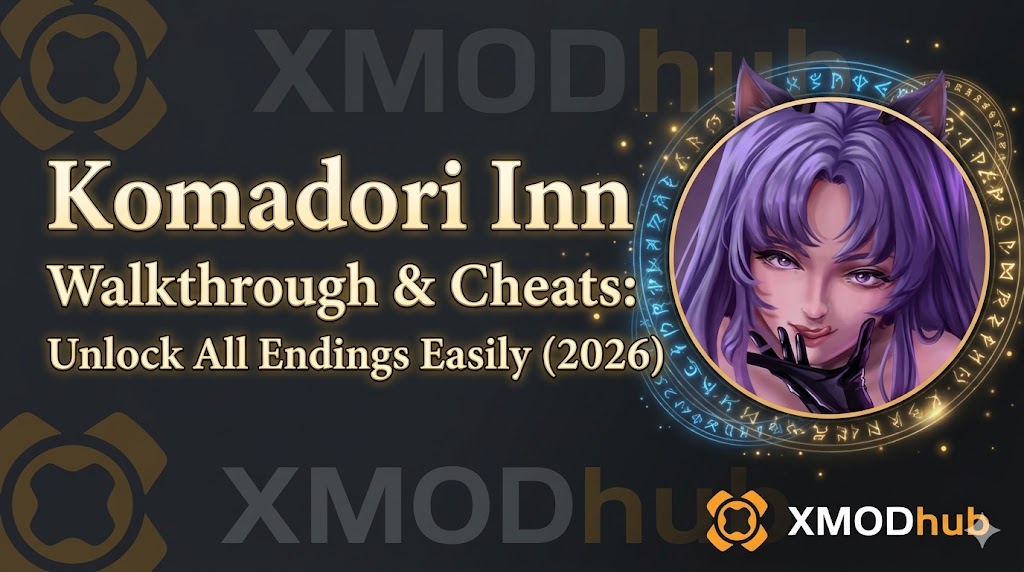 Заголовок для руководства по прохождению и читам Komadori Inn с золотым текстом 'Легко разблокируйте все концовки (2026)'.