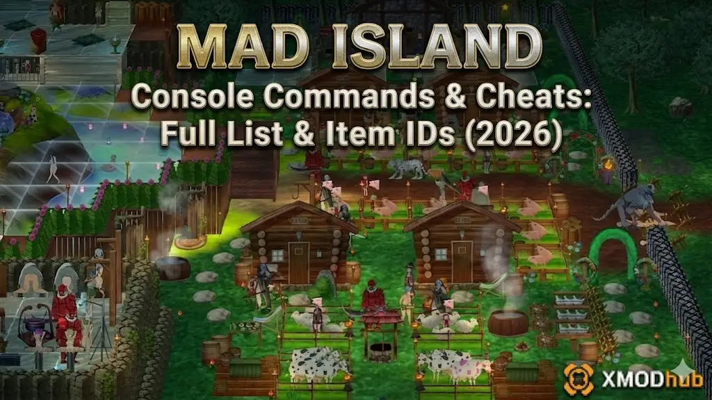 A header for a Mad Island guide showing an isometric village and text for console commands.
