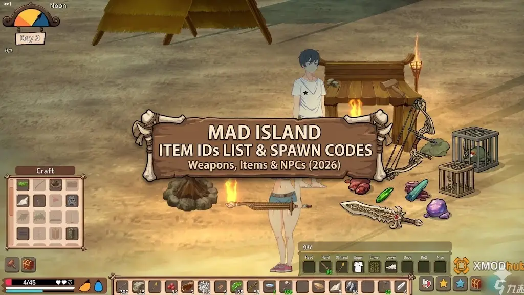 Game guide screen for Mad Island, showing characters and a banner listing item IDs and spawn codes.