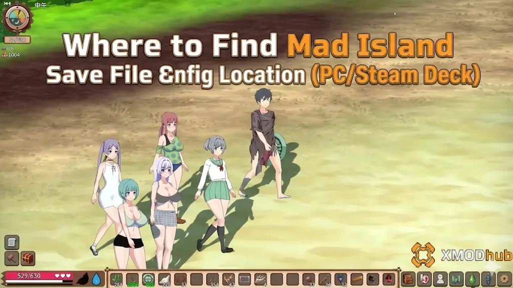 A tutorial screenshot 'Where to Find Mad Island Save File & Config Location' with five anime characters on a beach and on-screen text.