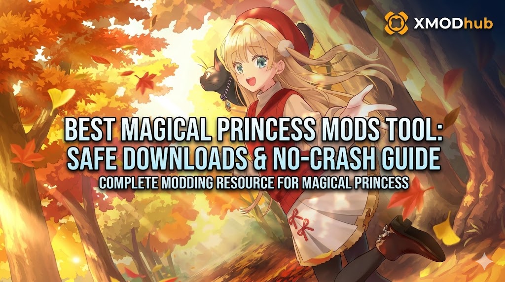 An anime-style banner featuring a girl and her cat in an autumn forest with text for the Best Magical Princess Mods Tool and the XMODhub logo.