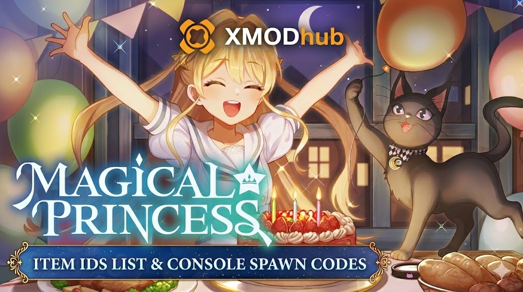 An anime-style banner for Magical Princess Item IDs List & Console Spawn Codes, featuring a cheerful girl, her black cat, a cake, and a festive night party with the XMODhub logo.