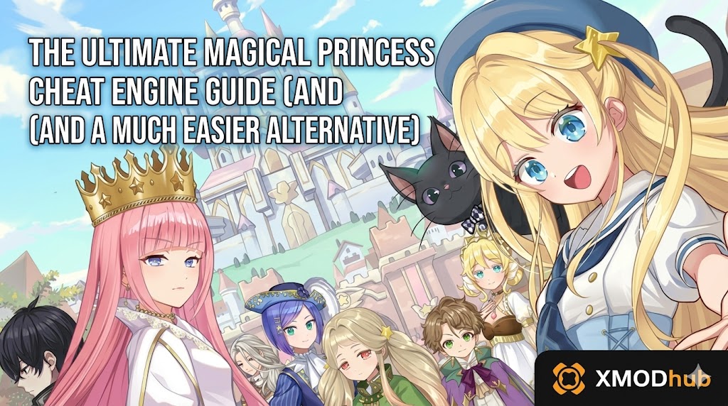 A vibrant anime-style banner for a Magical Princess game guide featuring various characters, a castle background, and the official XMODhub logo.