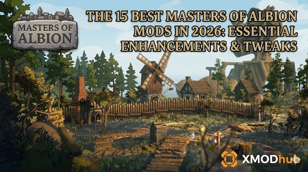 A scenic Masters of Albion village featuring the blog title "The 15 Best Masters of Albion Mods in 2026" alongside the official XMODhub logo.