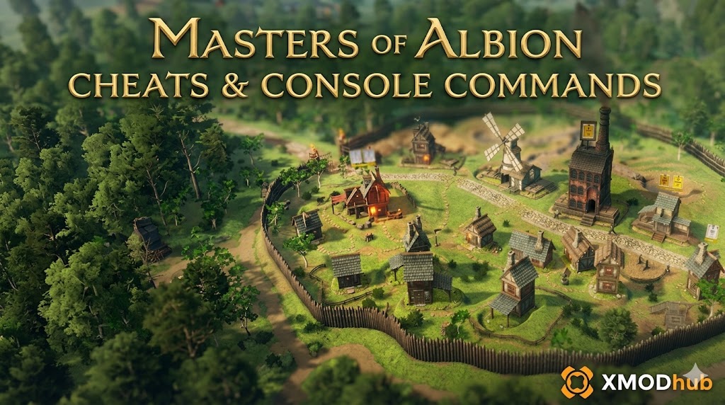 Stylized medieval village in Masters of Albion featuring the title "Masters of Albion Cheats & Console Commands" and the XMODhub logo.
