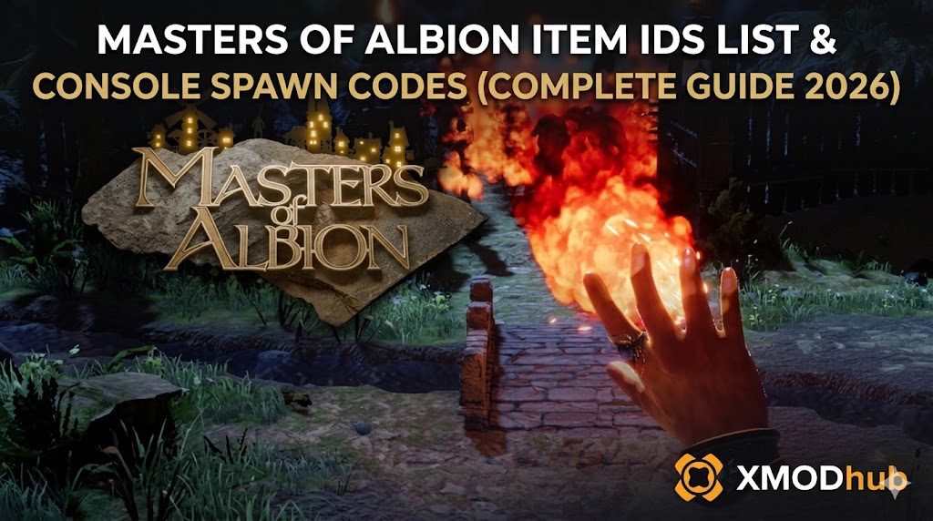  Complete Guide for Masters of Albion Item IDs and Console Spawn Codes with XMODhub logo.