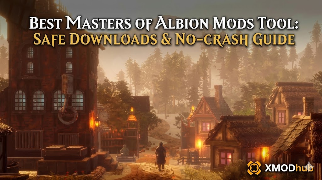 Masters of Albion guide header image with the XMODhub logo and title "Best Masters of Albion Mods Tool."