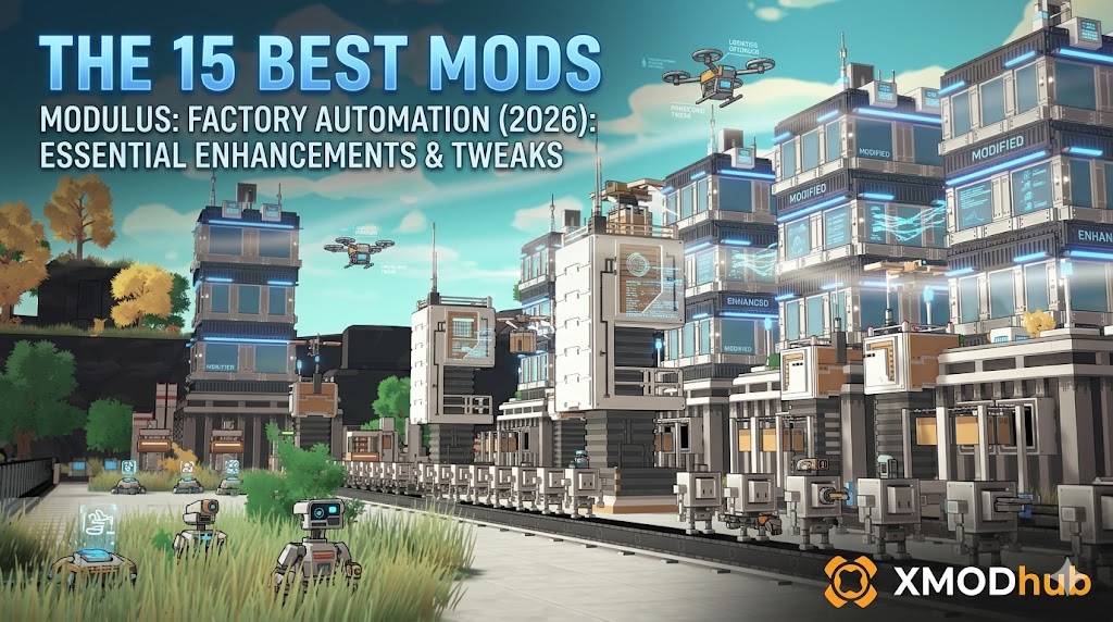 Voxel-art cover of a futuristic Modulus factory city with robots and drones. Title text: "THE 15 BEST MODS" and the XMODhub logo.