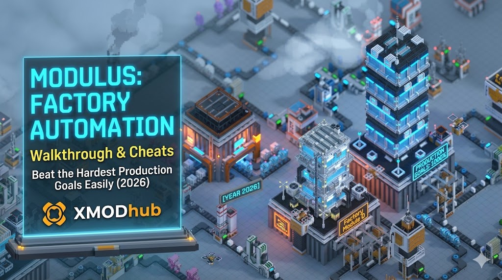 Voxel-art factory landscape with a blue holographic display and the XMODhub logo.