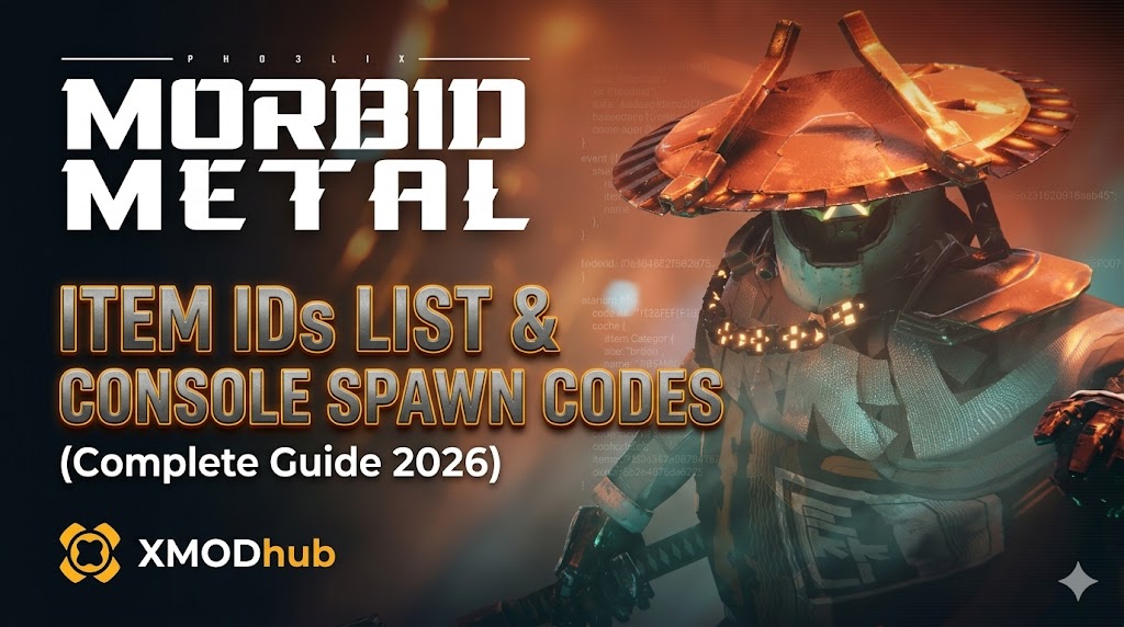  An official-looking header image for the game Morbid Metal featuring a cybernetic character with a traditional conical hat, promoting a complete guide for item IDs and console spawn codes, with the XMODhub logo.