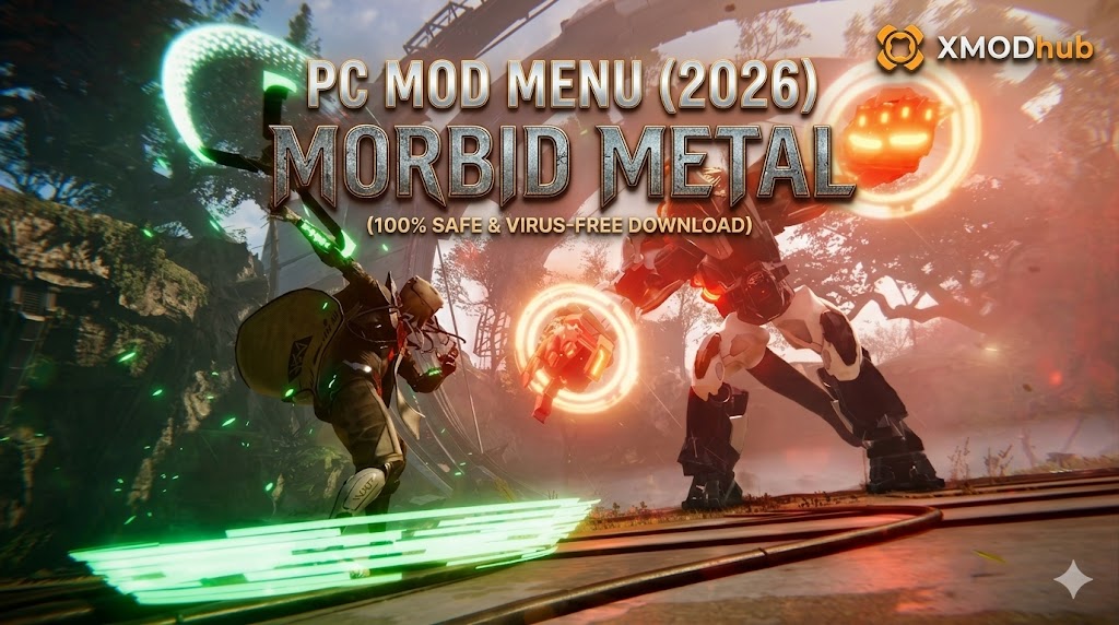 Промо-изображение Morbid Metal, на котором персонаж с зелеными плазменными клинками сражается с огромным мехом с оранжевыми энергетическими кулаками в руинах будущего, с текстом заголовка и логотипом XMODhub.