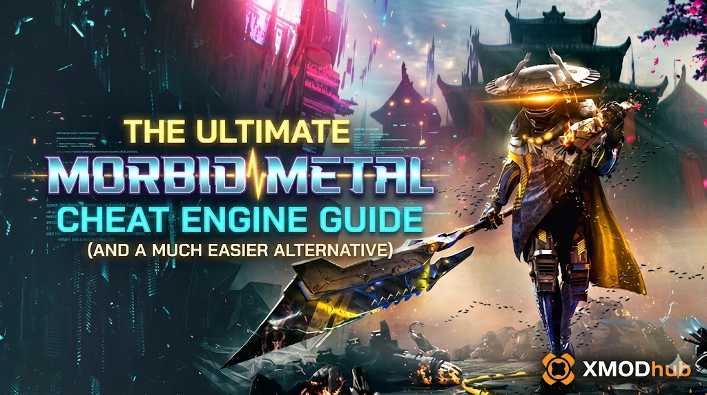An art banner titled "The Ultimate Morbid Metal Cheat Engine Guide" featuring a robotic warrior in a conical hat with a weapon standing in a futuristic ruin.