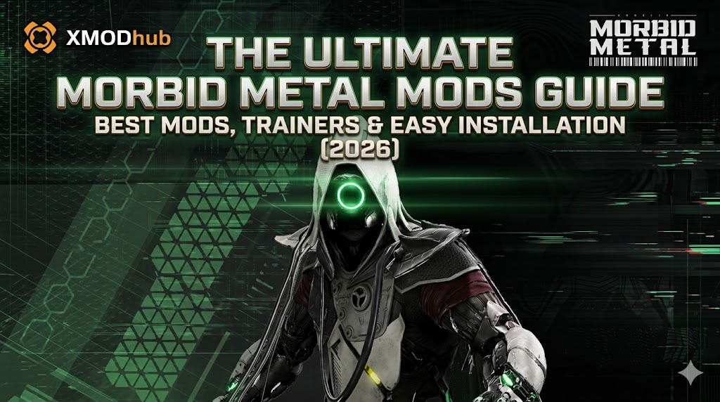 Баннер ультимативного гайда XMODhub по модам Morbid Metal с изображением киберпанк-персонажа в капюшоне с светящимся зеленым глазом и деталями о трейнерах и установке.