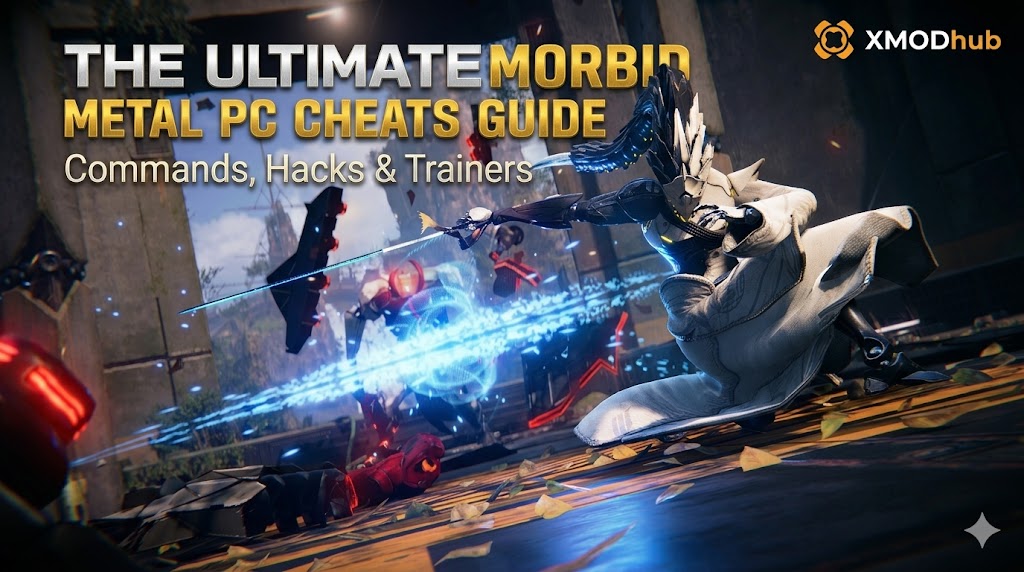 Промо-изображение руководства по читам Morbid Metal, на котором изображен персонаж в белой броне с синими энергетическими эффектами, сражающийся с красными роботами в руинах, с наложенным текстом и логотипом XMODhub.