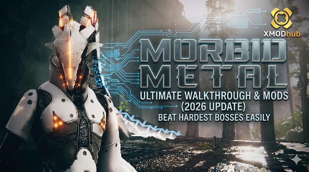 Futuristic protagonist from Morbid Metal in a forest setting alongside the game title and XMODhub logo for a 2026 walkthrough and boss guide.