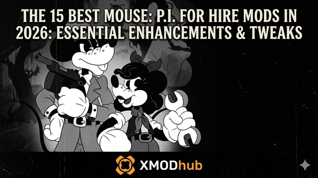 A vintage black-and-white cartoon illustration of the two mouse protagonists from 'MOUSE: P.I. FOR HIRE', with article title text above and the 'XMODhub' logo below.