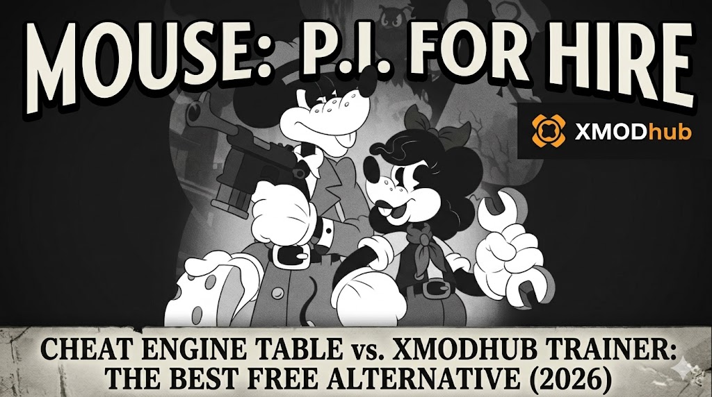 A noir 1930s cartoon-style blog header for MOUSE: P.I. For Hire featuring vintage mouse characters, the XMODhub logo, and comparison text for game trainers.