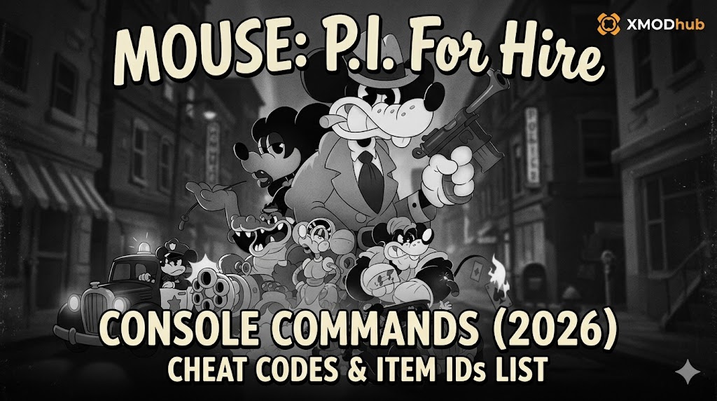 A noir 1930s cartoon-style blog header for MOUSE: P.I. For Hire featuring vintage game characters, the XMODhub logo, and bold text for console commands and cheat codes.