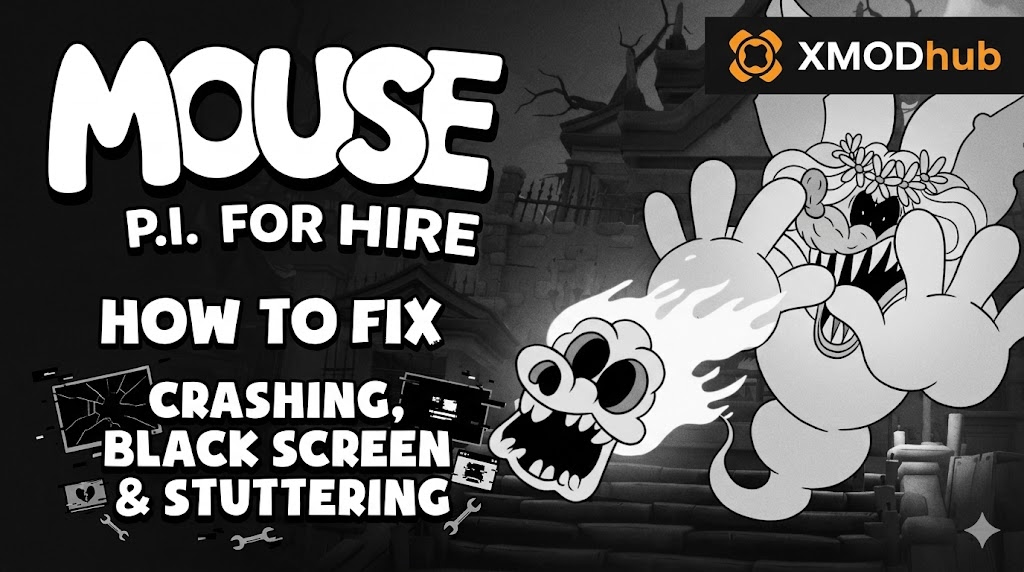 A B&W vintage cartoon promo for MOUSE: P.I. For Hire, featuring detective mice and an explosion, advertising a 2026 free trainer.