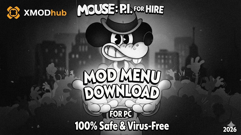 A retro-style cartoon advertisement poster featuring a detective mouse promoting a safe, virus-free PC mod menu download for 'MOUSE: P.I. FOR HIRE' in 2026.