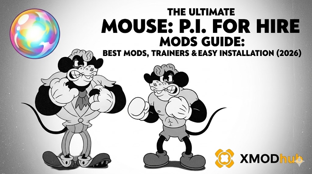 A retro cartoon style promotional image for 'MOUSE: P.I. FOR HIRE' titled 'Ultimate Mods Guide', featuring two boxer mouse characters, an iridescent orb, and the XMODhub logo.