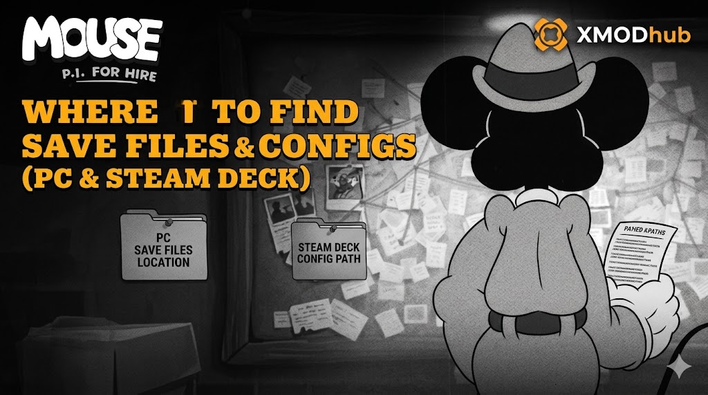 A vintage cartoon of a mouse detective looking at an evidence board, with added text on finding save files and configurations for PC and Steam Deck, featuring the XMODhub logo.