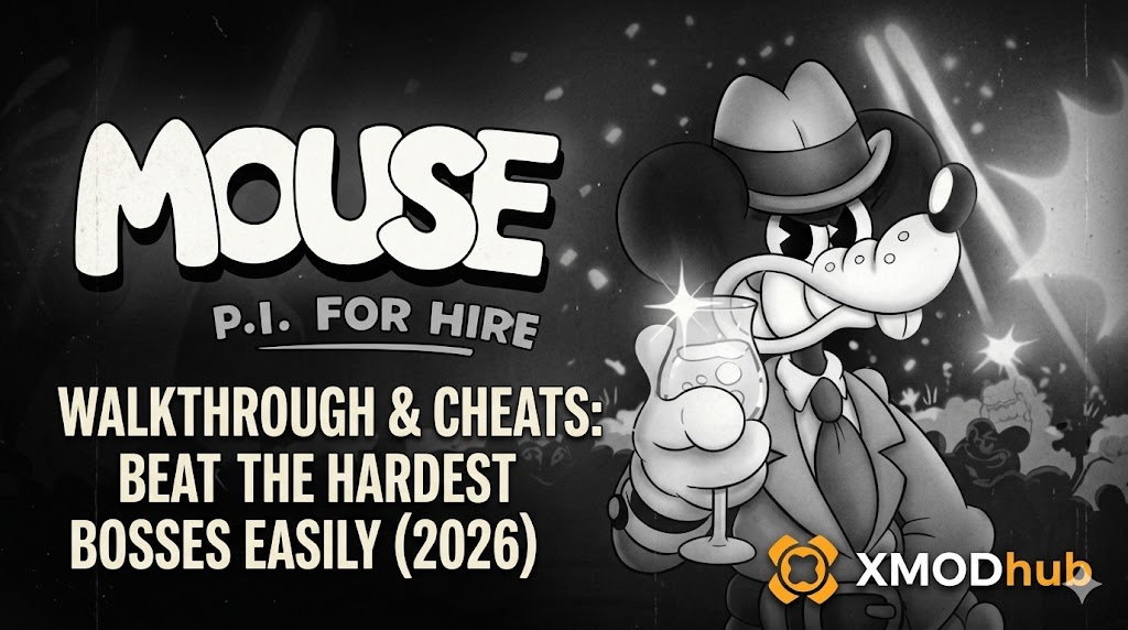 A retro black-and-white promotional image for 'MOUSE: P.I. FOR HIRE' featuring a detective mouse holding a glowing glass, with text for a walkthrough and cheats guide, and the XMODhub logo.