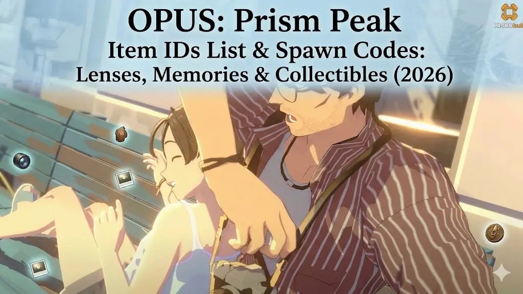 Guide for 'OPUS: Prism Peak' listing item IDs and codes for lenses, memories, and collectibles.