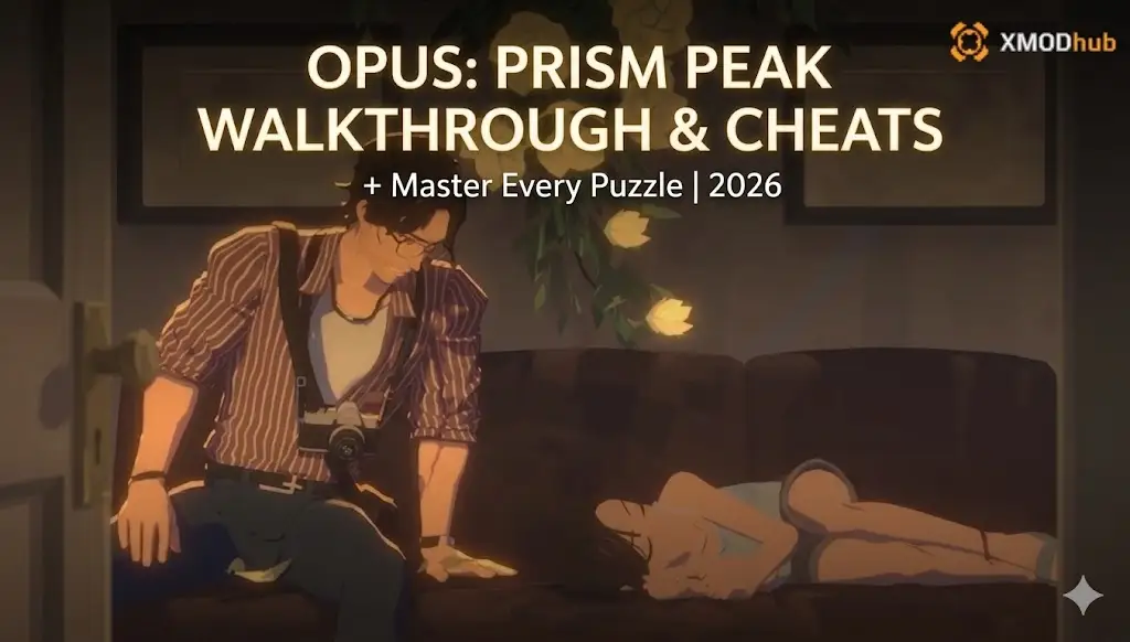 Cover image for an OPUS: Prism Peak blog post, featuring text for a walkthrough and cheats guide, Master Every Puzzle, 2026, and the XMODhub logo.