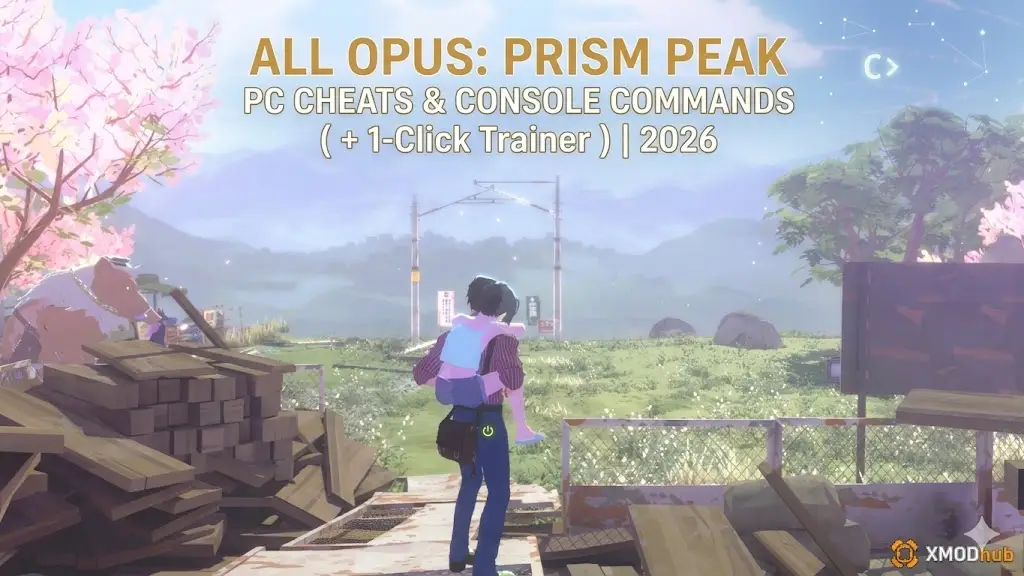 All OPUS: Prism Peak PC cheats, console commands, and 1-click trainer blog header with game scene, characters, text, and XMODhub logo.