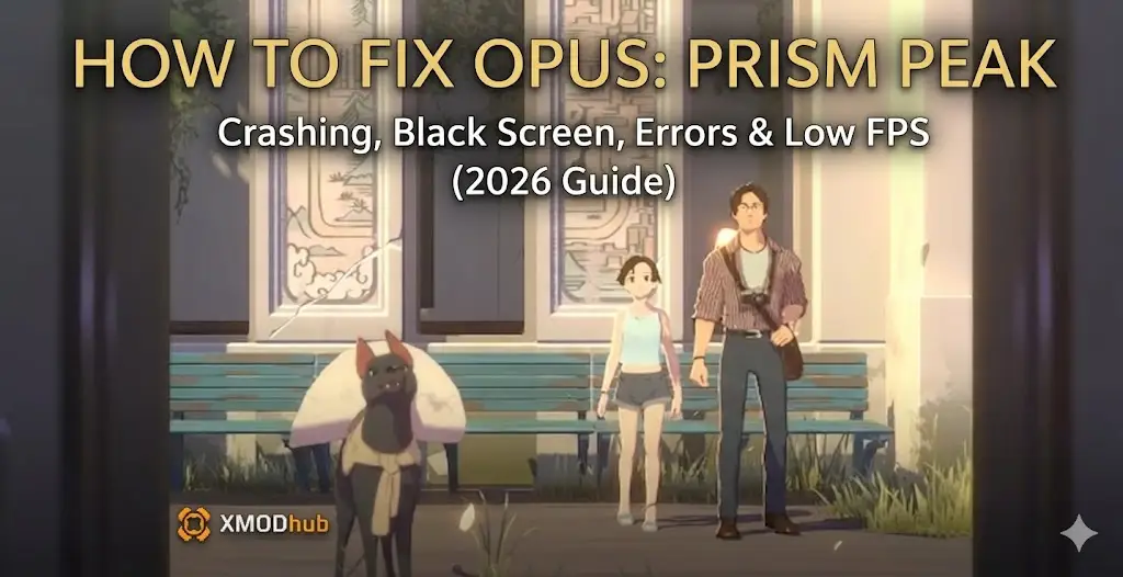 HOW TO FIX OPUS: PRISM PEAK guide cover for crashes and errors with characters and XMODhub logo.