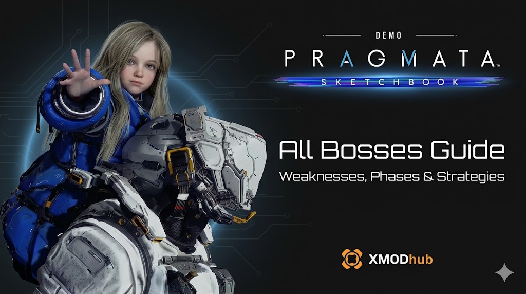 A girl riding a futuristic robot for the Pragmata All Bosses Guide, with text and XMODhub branding.