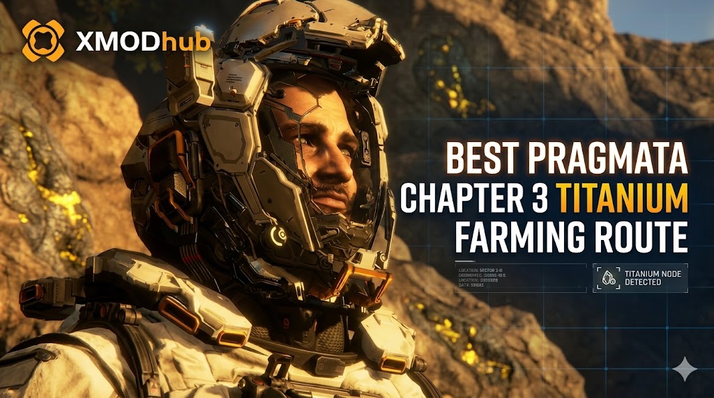 A Pragmata Chapter 3 guide image with a character in armor, promoting the best titanium farming route.