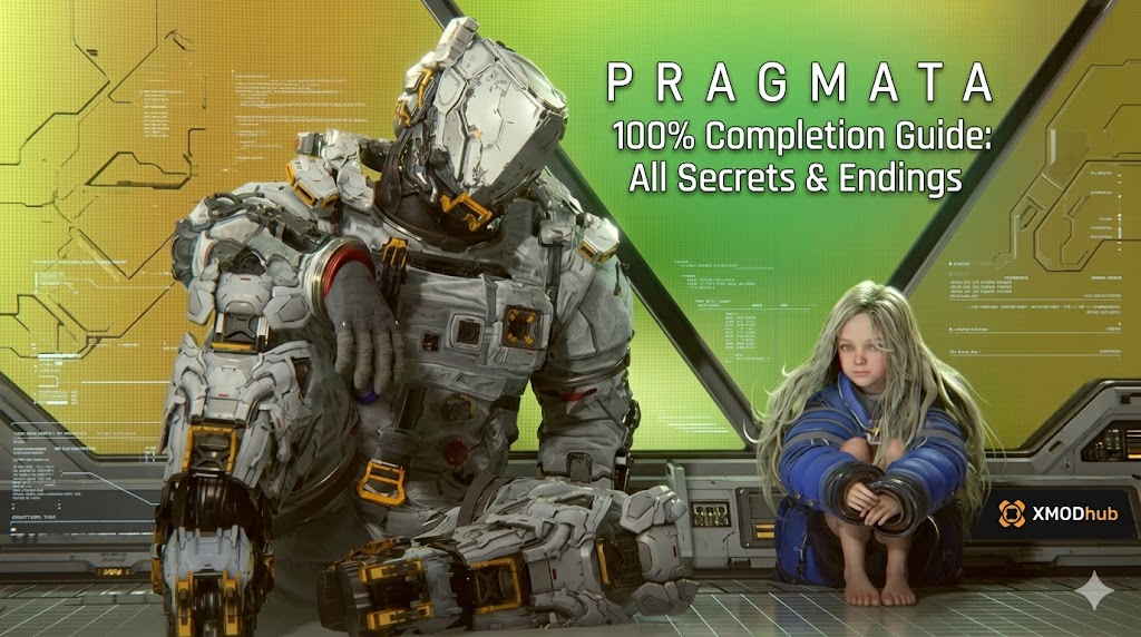 A guide image for Pragmata featuring a large armored character and a young girl sitting in a futuristic sci-fi cockpit with holographic displays.