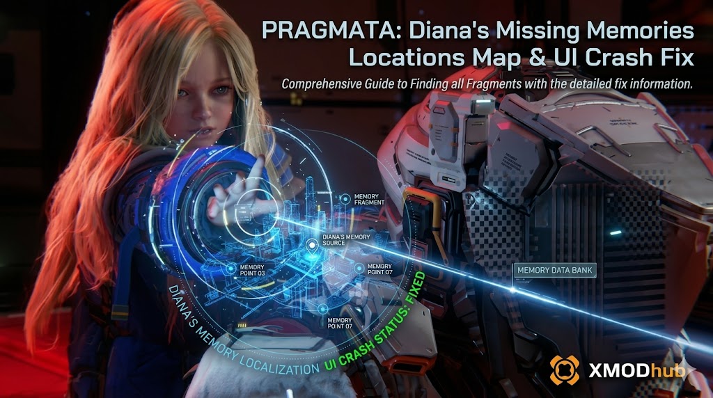 An informational graphic for the game Pragmata showing Diana manipulating a holographic memory locations map, with guide and fix text.