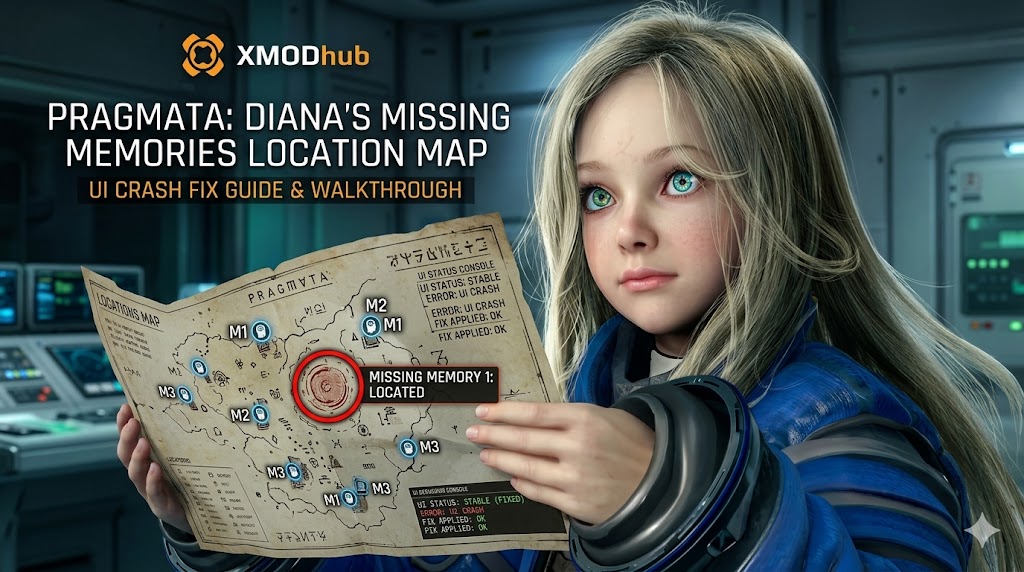 Diana from Pragmata holds a memory location map in a sci-fi setting, featuring the XMODhub logo and blog title for a UI crash fix guide.
