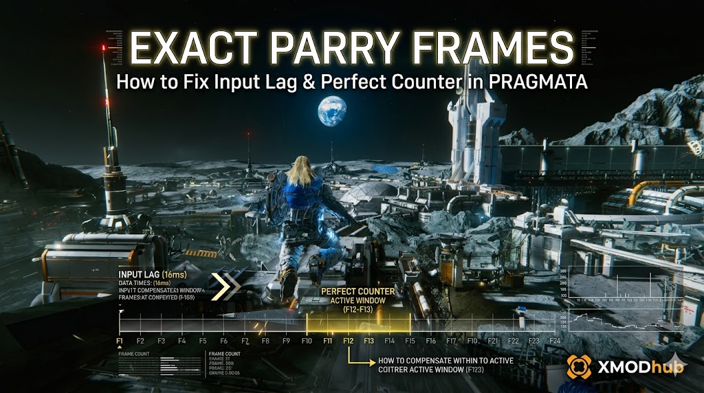 正確なパリィフレームと入力遅延に関するテクニカルなUIオーバーレイが表示された月面基地の背景と、XMODhubのロゴが描かれた『プラグマタ』（Pragmata）のガイド画像。