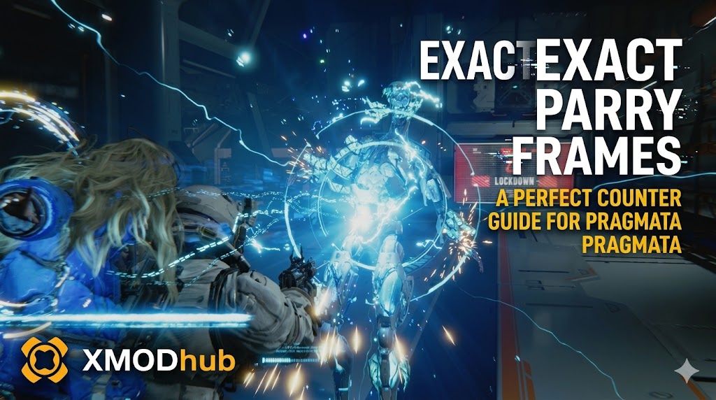 青い電撃エフェクトでロボットの敵をカウンターする装甲キャラクターを描いた『プラグマタ』のブログヘッダー。XMODhubのロゴとガイドテキスト付き。