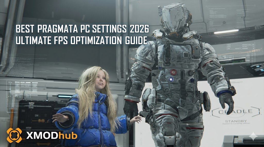 A little girl and an armored astronaut hold hands, walking through a white sci-fi facility in the Pragmata key art.