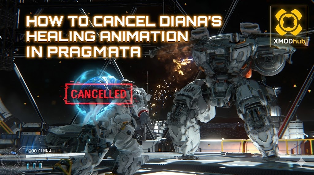 A Pragmata blog header featuring an astronaut and Diana facing a giant mech with a UI overlay explaining how to cancel the healing animation.