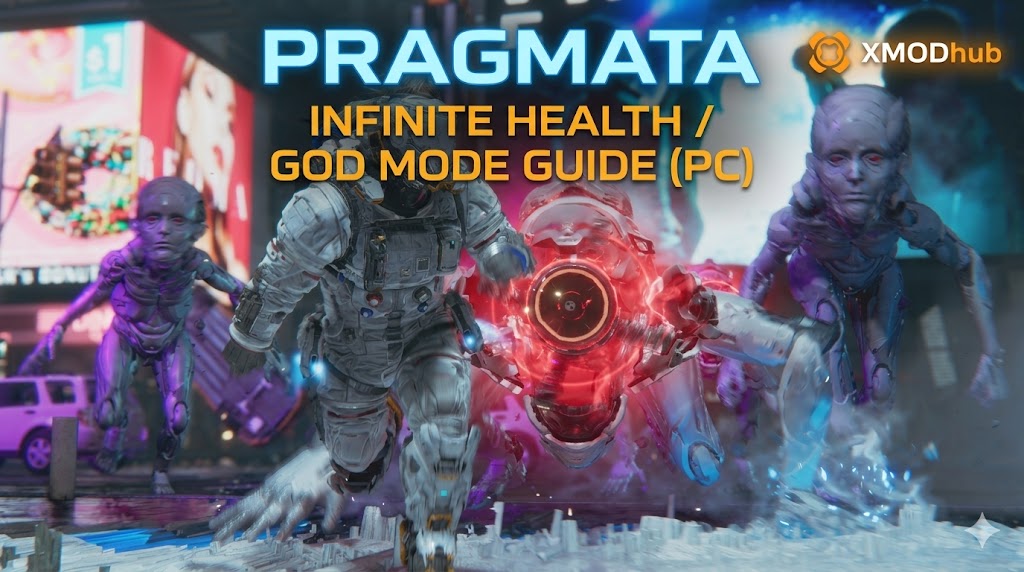 A Pragmata astronaut in armor sprints past a red sphere and attacks by alien creatures in a futuristic, neon-lit city street.