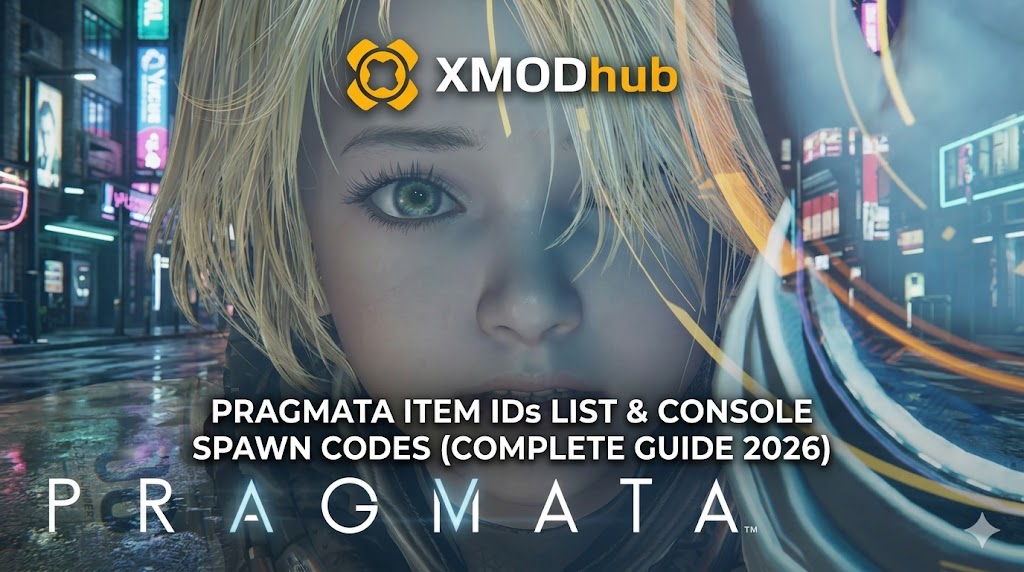A close-up portrait of the young girl from Pragmata, used as a blog header with XMODhub branding for an Item IDs and Spawn Codes guide.