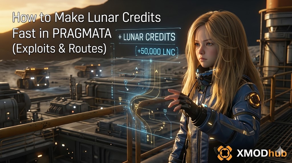 A young character in PRAGMATA interacts with a holographic interface on a moon base for an XMODhub guide to making Lunar Credits fast.