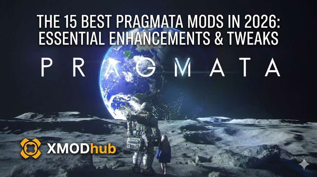 An astronaut and a child on the lunar surface, looking at Earth, serve as the backdrop for an XMODhub guide to the 15 best Pragmata mods.