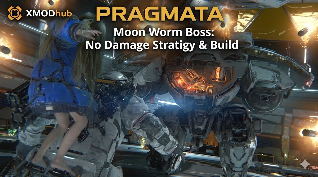 展示一名女孩觀察巨型機械波士的電影感《人機迷網》(PRAGMATA) 攻略橫幅。標題為『月球蠕蟲波士：無傷攻略與最強配點』，帶有 XMODhub 標誌。